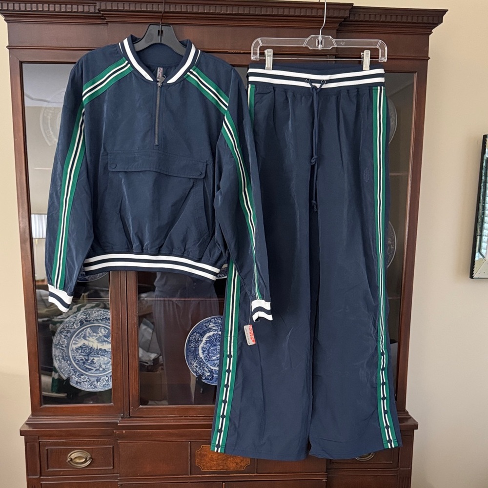Free People Midnight Navy Track Jacket with Green and White Stripes